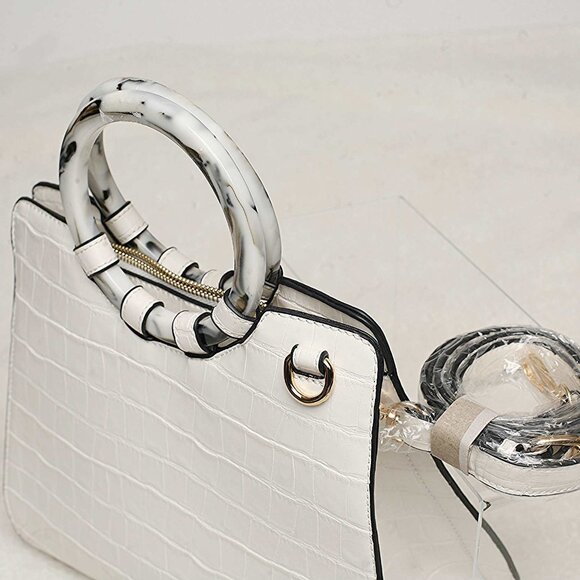 NEW White Bag With Double Marble Like Handles Zip Closure Shoulder Straps - Picture 4 of 8